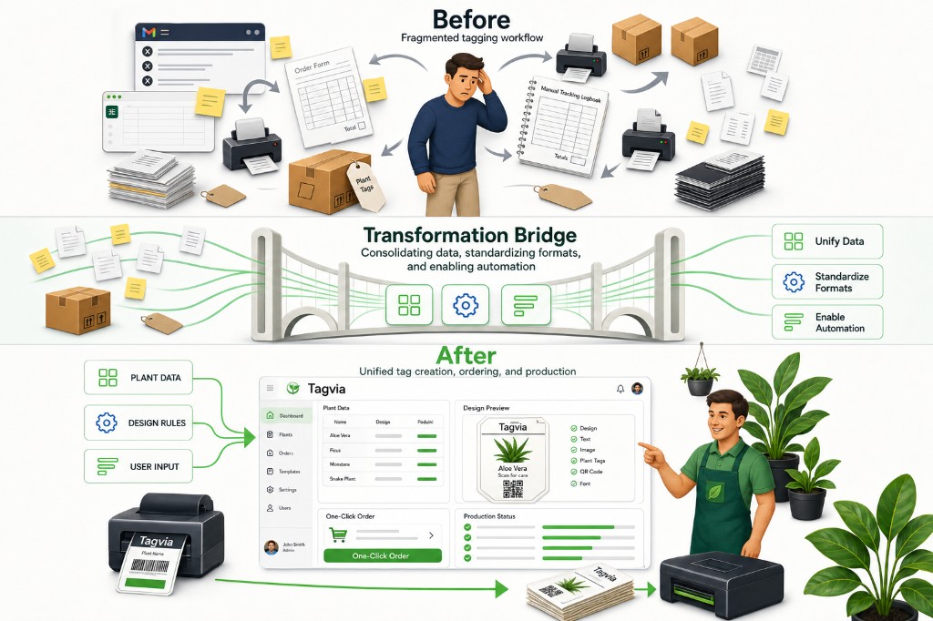 Before and after: fragmented tagging workflow transformed into unified tag creation, ordering, and production with Tagvia