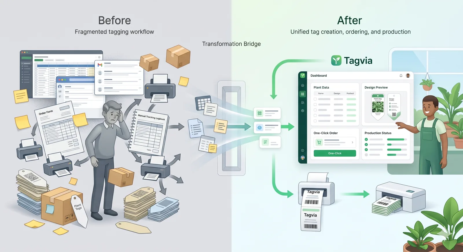 Before and after: fragmented tagging workflow transformed into unified tag creation, ordering, and production with Tagvia